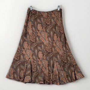 Vintage Y2K Brown Paisley Ruffle Skirt Lined Women Size Large Boho Western